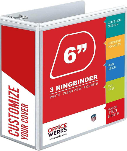 3 Ring Binders, 6 Inch D Ring Heavy Duty Large Binder with Pockets for 8.5" x 11" Sheet Size, Durable Non-Stick Customizable Clear View Cover (White)