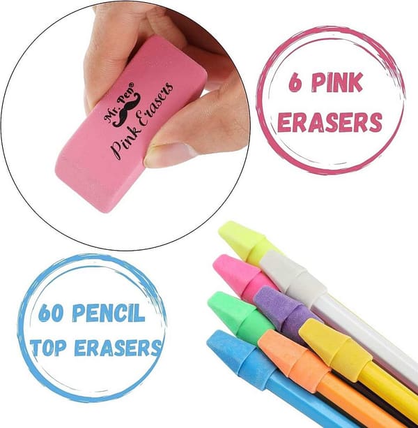 Mr. Pen- Pencil Erasers Set, 6pc Pink Erasers and 60pc Pencil Top Erasers