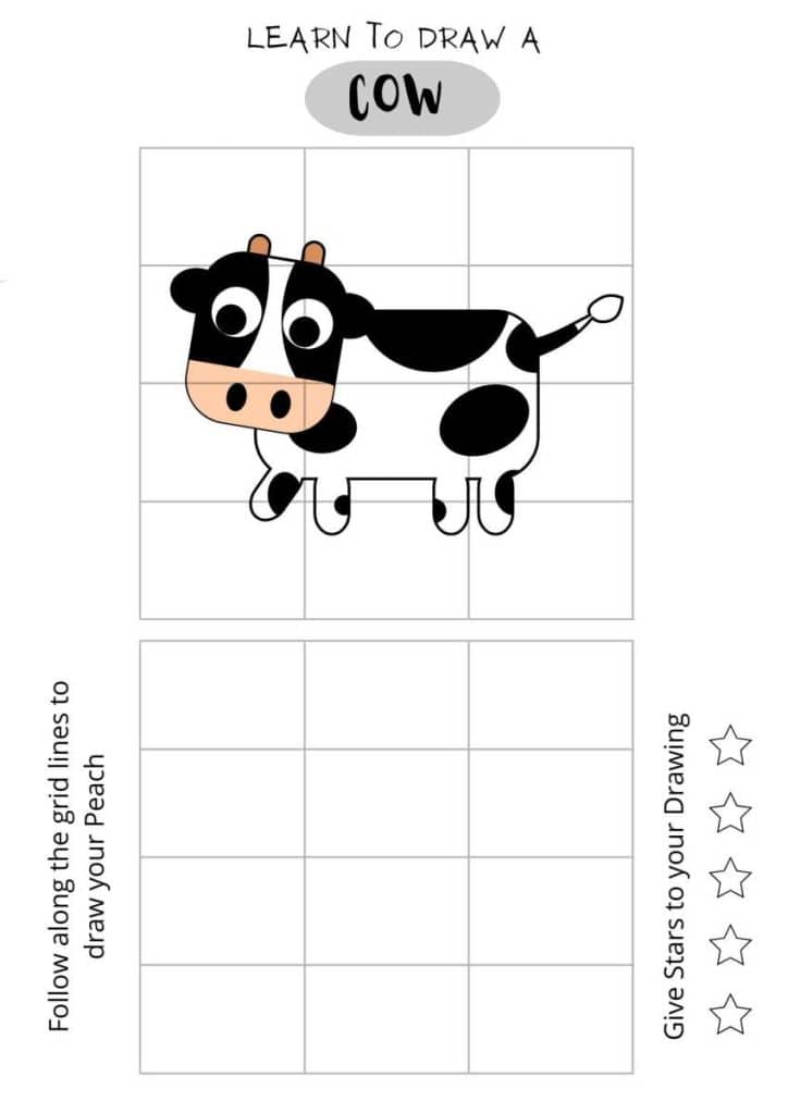 Draw a cute cow, cute little cow, easy cow darwing for kids, free printables for kids,
