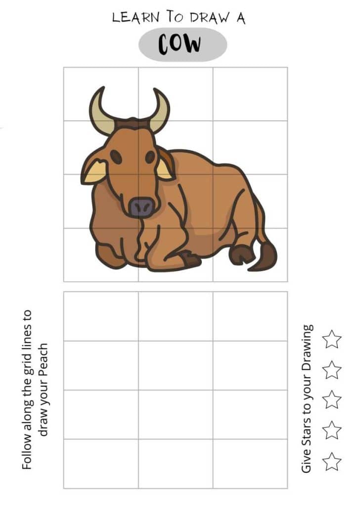 Draw a Cow Colored, easy colored cow drawing, drawing sheet for kids, free printables,