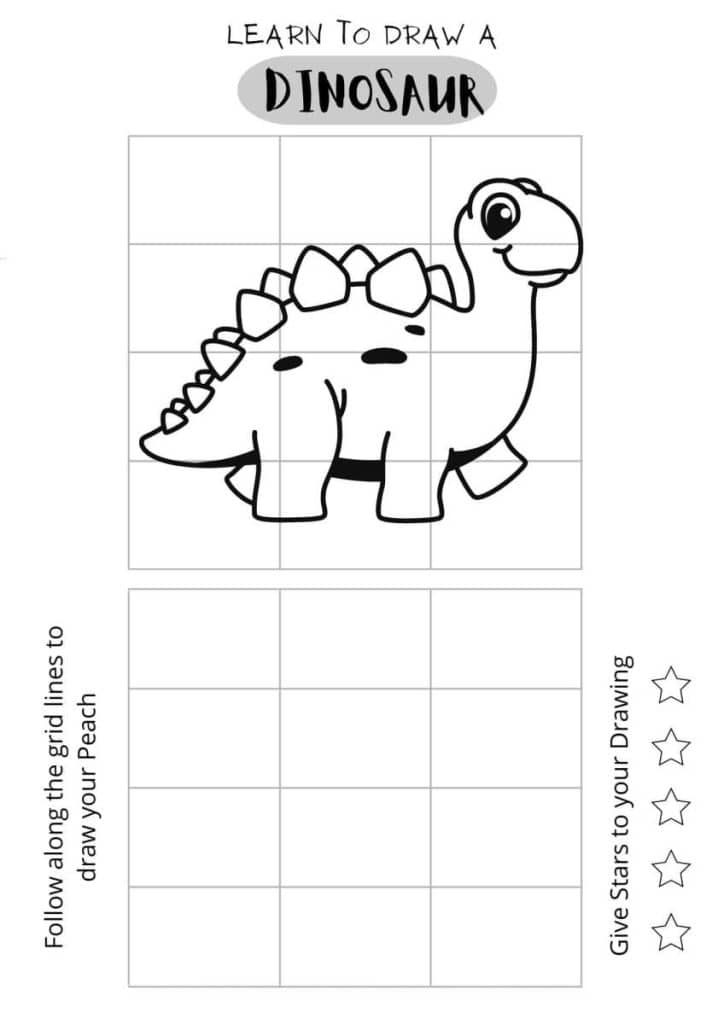 draw a cute dinosaur, easy dinosaur drawing for kids, color the dinosaur drawing sheet, free printables, home schooling for kids,