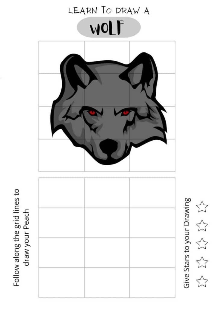 draw a wolf, red eyed wolf, easy drawing sheet,