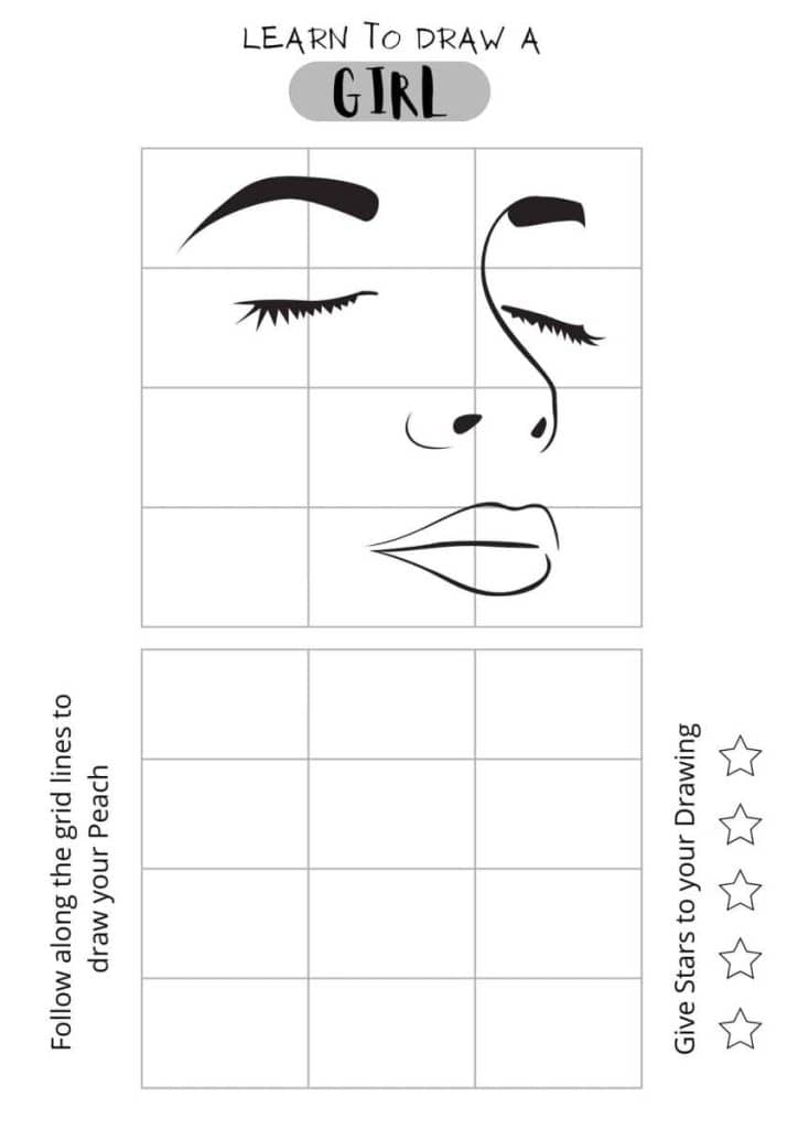 Draw a girl's face, free printables for kids, home study, pdf download,